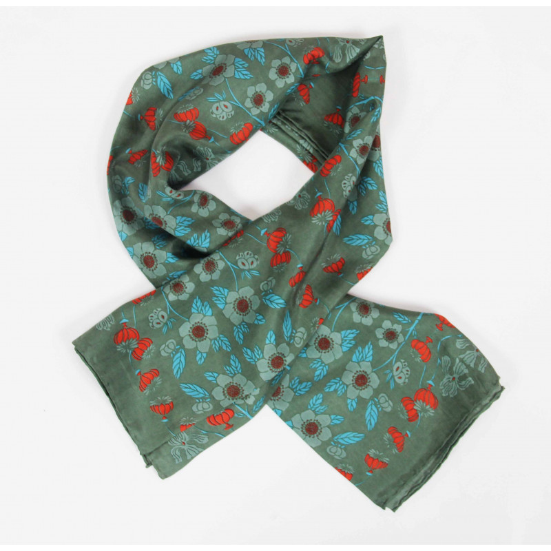 Carré Soie Flora Kaki